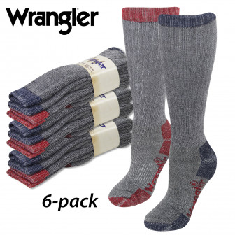 6-PAIRS: Wrangler Merino Wool Blend Work Heavywt. Boot Socks (L:9-13) Asstd