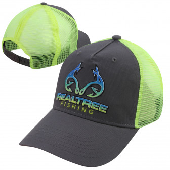 Realtree Fishing Hook Embroidered Mesh Back Trucker Cap- Charcoal/Neon Yellow