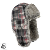 Mad Bomber Wool Bomber Hat (L)- Black & Grey Plaid/Gry Faux Fur