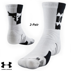 UA Socks: 2-PAIR Playmaker Project Rock Crew (L)- White/Black